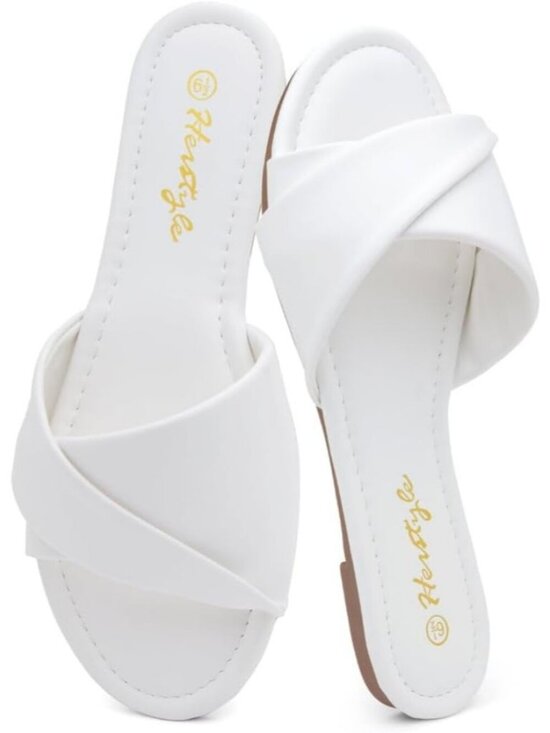 Shoes - Women's White Flats Slip On Open Toe Casual Slide Cushioned Footbed Summer Shoes